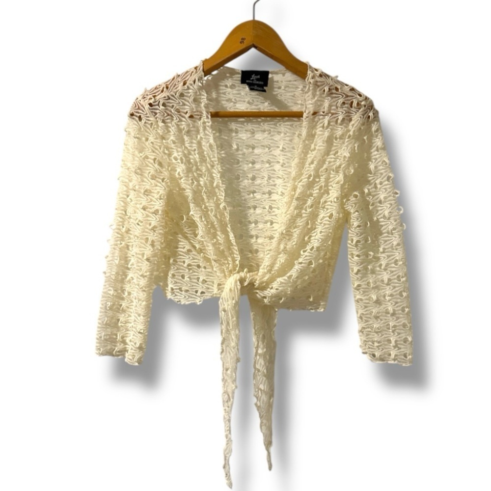 Vintage 90s Cream Open Knit Textured Cropped Cardigan Shawl Women’s Size Medium